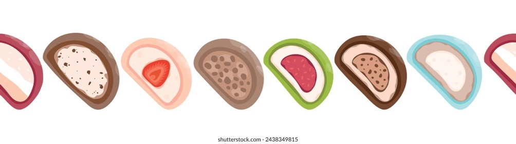 Frontera japonesa sin fisuras mochi. Mochi de color con diferentes rellenos en una fila. Comida dulce asiática. Mochi japonés en masa de arroz. Ilustración plana del vector