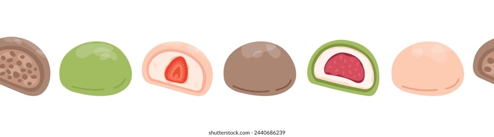 Japanese mochi seamless border. Colored mochi with different fillings in a row. Asian sweet food. Japanese Mochi in rice dough. Vector flat illustration