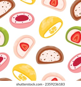 Patrón ininterrumpido de mochi japonés. Comida dulce asiática. Vector para ropa, fondo, impresión, paquete. Mochi. Mochi japonés en masa de arroz. Mochi de colores con diferentes rellenos. Ilustración plana del vector