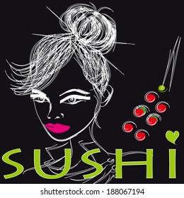 Japanese model  and sushi