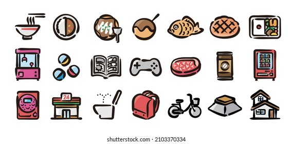 Japanese modern culture icon set for graphic (Hand draw color version)