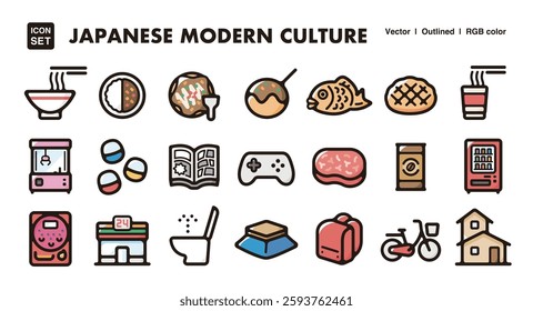Japanese modern culture illustration icon set.Simple vector outlines, clipart for graphic design.