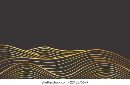 Japanese modern line art landscape design. Abstract golden outline hand drawn wave pattern. Mountain geometric gold poster concept. Vector horizontal template in oriental style.