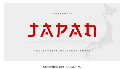 Japanese modern style alphabet font typeface. Typography japan asian fonts and number. English letters uppercase and numbers. Vector Illustration - Shutterstock ID 1472224490