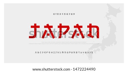 Japanese modern style alphabet font typeface. Typography japan asian fonts and number. English letters uppercase and numbers. Vector Illustration