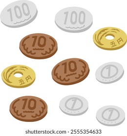  Japanese money, coin, 100 yen, 10 yen, 5 yen, 1 yen of Japan, vector illustration 