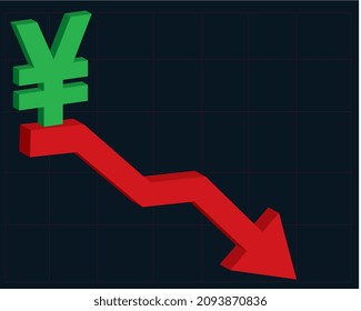 Japanese money currency depreciation. Green Japanese yen icon with red decreasing arrow on black background vector illustration