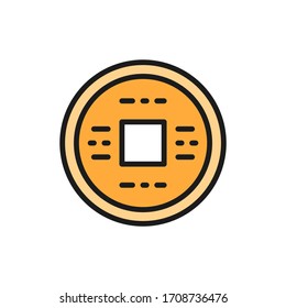 Japanese money, yen, feng shui coin, amulet for good luck flat color line icon.