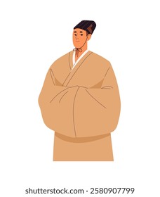 Japanese monk wearing traditional clothes, headwear. Shintoist, priest of taoism or shinto religion. Chinese religious man portrait. Asian culture in China. Flat isolated vector illustration on white