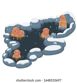 Monos japoneses aislados en aguas termales en un fondo blanco. Gráficos vectoriales.