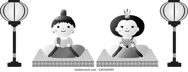 Japanese Monochrome Gradation Hina dolls on tatami sheet with paper lantern 