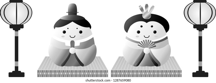 Japanese Monochrome Gradation Hina dolls on tatami sheet with paper lantern 