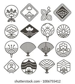Japanese monochrome icons with ethnic motifs outline silhouettes with patterns and flowers isolated cartoon vector illustrations on white background.
