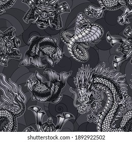 Japanese monochrome seamless pattern with fantasy dragon poisonous snake koi carp and samurai mask in helmet in vintage style vector illustration