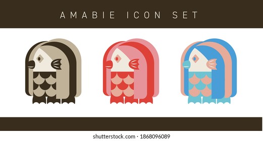 Japanese monster Amabie illustration icon set