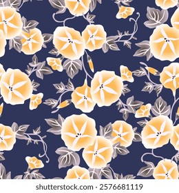 Japanese Morning Glory Flower Leaf Vector Seamless Pattern