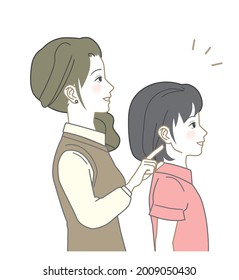 Japanese mother and daughter, pointing out