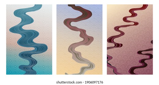 Japanese motif river surface texture design. Oriental style background with wave line pattern. Abstract gradient template with geometric ornament. 