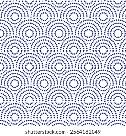Japanese motif Uroko fish scales. Blue dot circle seamless pattern.