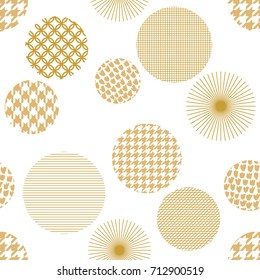 Japanese motifs. Seamless vector pattern with different geometric shapes. Abstract white background with golden ornaments. Oriental textile collection.