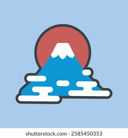 Japanese Mount Fuji with cloud in outline flat vector design.
