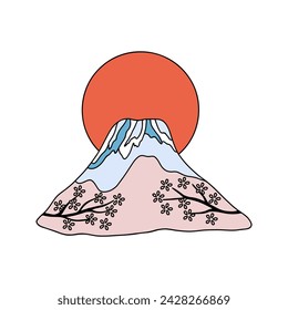 Japanese mountain Fujiyama with sakura tree and big sun in vector hand drawn style.