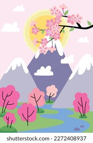 Japanese mountain landscape background. Spring landscape with a blossoming cherry branch, a snow-covered volcano against a background of a vanilla sky in pastel colors. Cherry Blossoms branch