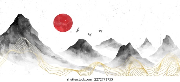 Japanese Mountain landscape watercolor painting illustration. Abstract contemporary aesthetic backgrounds landscapes. with mountains, hill, sun and line art