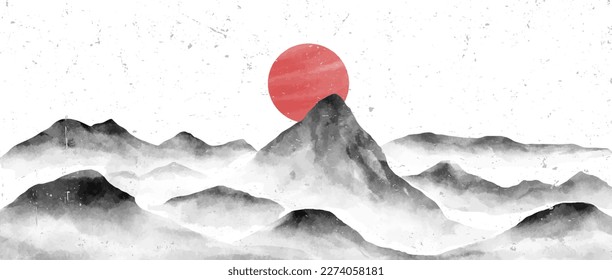 Japanese Mountain landscape watercolor painting illustration. Abstract contemporary aesthetic backgrounds landscapes. with mountains, hill, sun