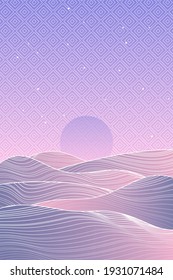 Japanese Mountain layout design in minimalist oriental style. Vector banner with polygonal landscape illustration. Chinese background with line pattern vector. Abstract template with geometric pattern