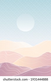 Japanese Mountain layout design in minimalist oriental style. Vector banner with polygonal landscape illustration. Chinese background with line pattern vector. Abstract template with geometric pattern
