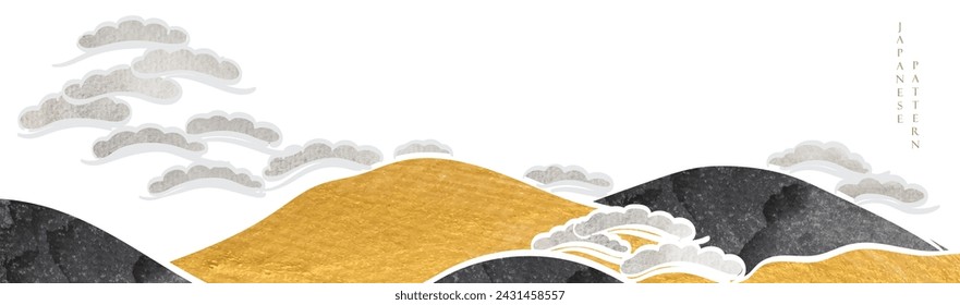 Japanese mountain and pine tree background with gold brush stroke element vector. Abstract black banner. Painting brush layout design in vintage style.