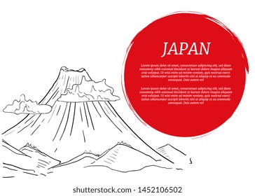 Japanese Mountain and Red Sun with Pace for Text Hand Drawn Vector Illustration