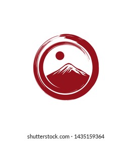 Japanese mountain with sun inside circle brushstroke illustration logo design