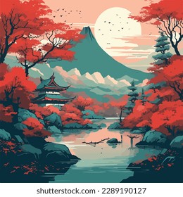 Japanese mountains in red background