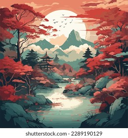 Montañas japonesas de fondo rojo