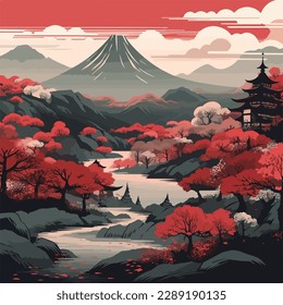 Japanese mountains in red background