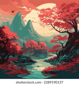 Japanese mountains in red background