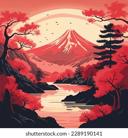 Japanese mountains in red background