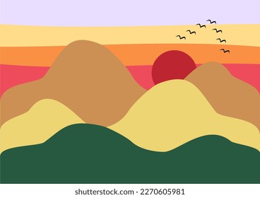 Japanese mountains and sunlight with birds. Colorful landscape.