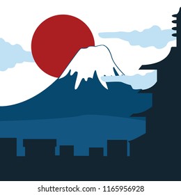 Japanese Mt. Fuji background with red sun and temple silhouette. This can use for postcard and advertising.