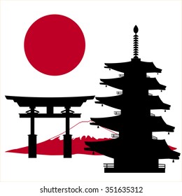 Japanese multi-store pagoda silhouette and flag