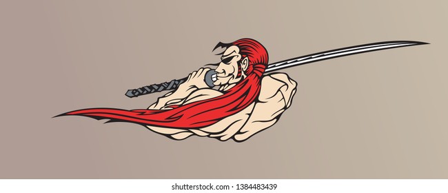 Japanese muscular samurai guy. Character design, logo, tattoo, decal, sticker, and gaming style