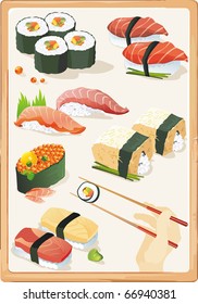 Japanese My Sushi and East motives. Seafood set, vector illustration and other traditional Japanese food icons.