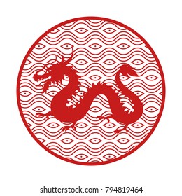 Japanese mythical dragon with long tail silhouette inside circle with pattern in red colors isolated cartoon vector illustration on white background.