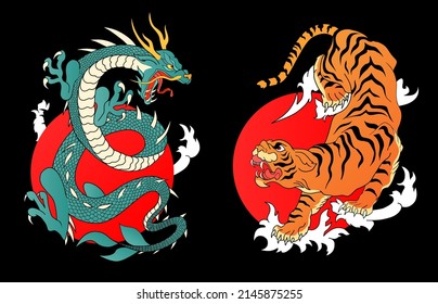 Japanese mythological animals or Asian traditional symbol for tattoo or label. Dragon and Tiger Hand drawn line art Vintage old ink. Vector illustration.