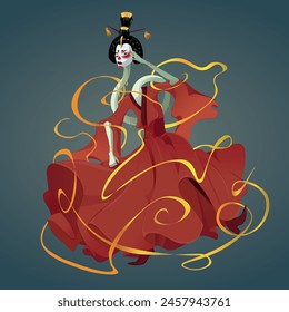 criatura mitológica japonesa rokurokubi, mujer bailarina con cinta de oro, piel verde, máscara facial, cuello largo, Ilustración vectorial, eps 10