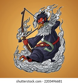 A Japanese mythological tengu who is holding a bow, and seems to want to shoot something.