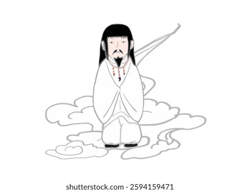 In Japanese mythology, the male god Kamimusbinokami wears a white kimono and has three heads, riding on a cloud.