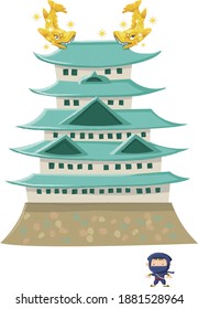 Japanese Nagoya Castle and child ninja cartoon characters